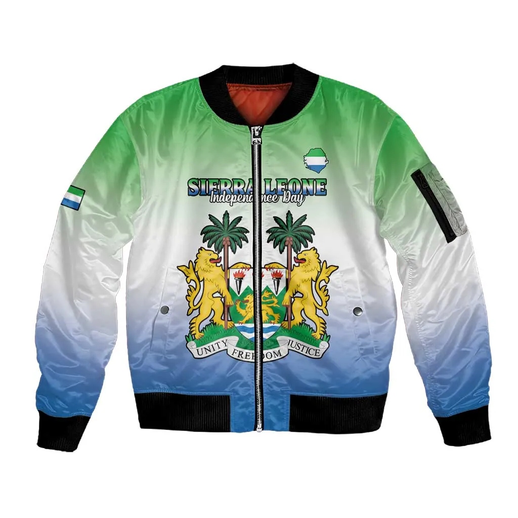 Personalised Sierra Leone Independence Day Sleeve Zip Bomber Jacket Coat Of Arms Flag Map LT15