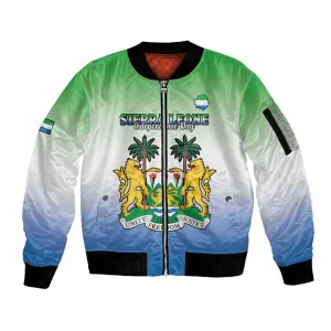 Personalised Sierra Leone Independence Day Sleeve Zip Bomber Jacket Coat Of Arms Flag Map LT15
