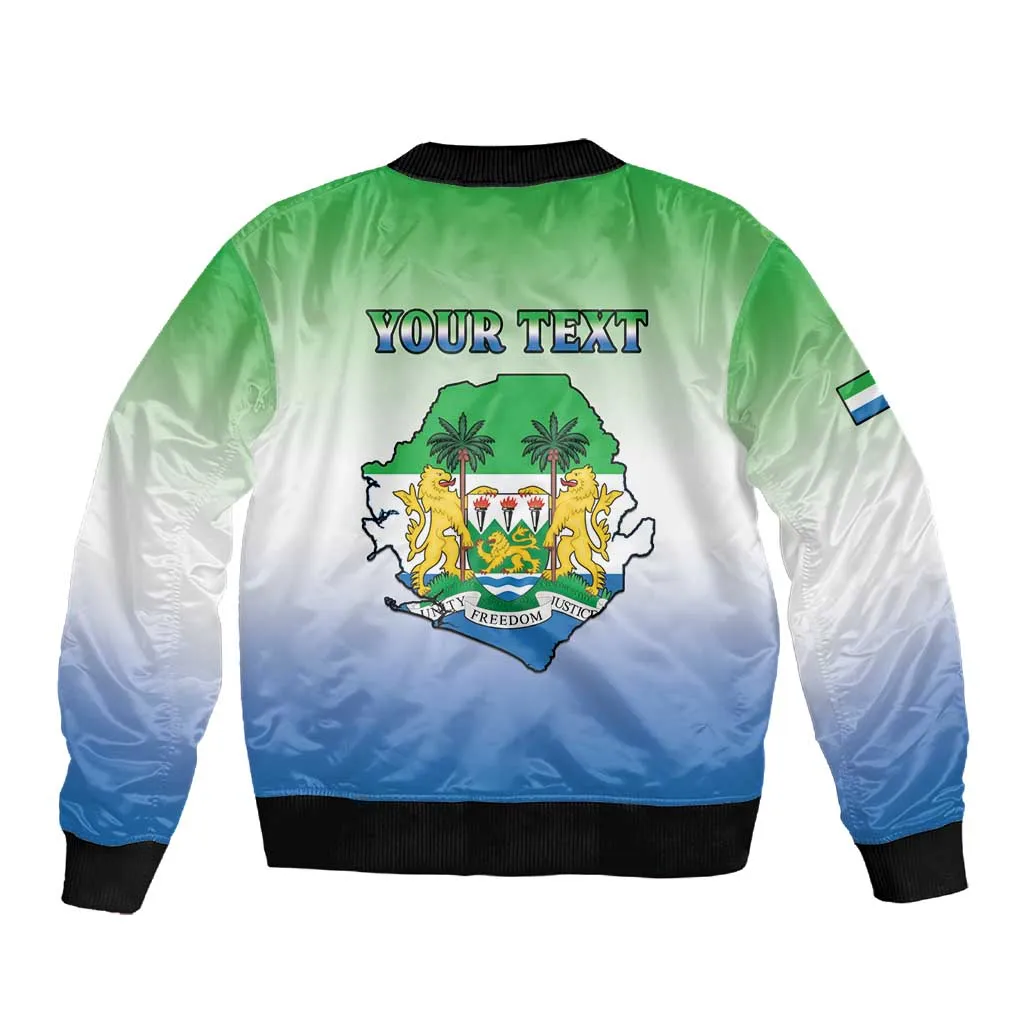 Personalised Sierra Leone Independence Day Sleeve Zip Bomber Jacket Coat Of Arms Flag Map LT15