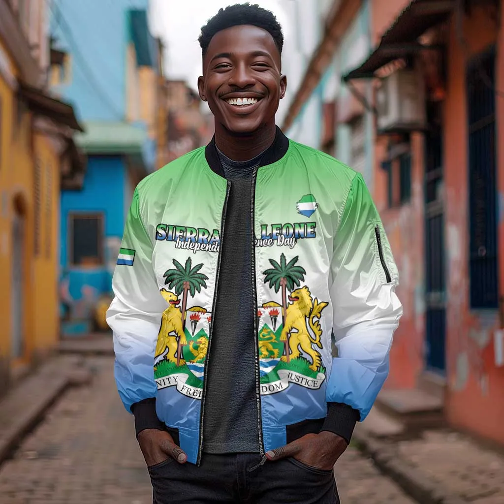 Personalised Sierra Leone Independence Day Sleeve Zip Bomber Jacket Coat Of Arms Flag Map LT15