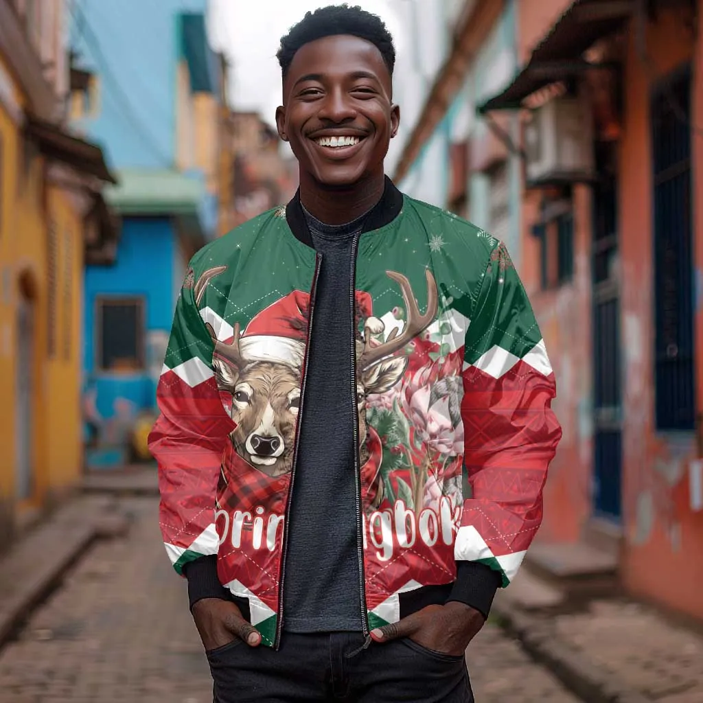 Personalized South Africa Merry Christmas Bomber Jacket Springbok With King Protea LT18