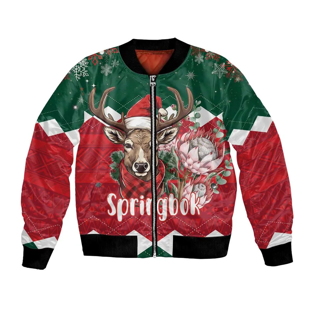 Personalized South Africa Merry Christmas Bomber Jacket Springbok With King Protea LT18