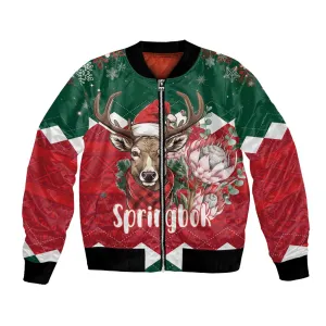 Personalized South Africa Merry Christmas Bomber Jacket Springbok With King Protea LT18