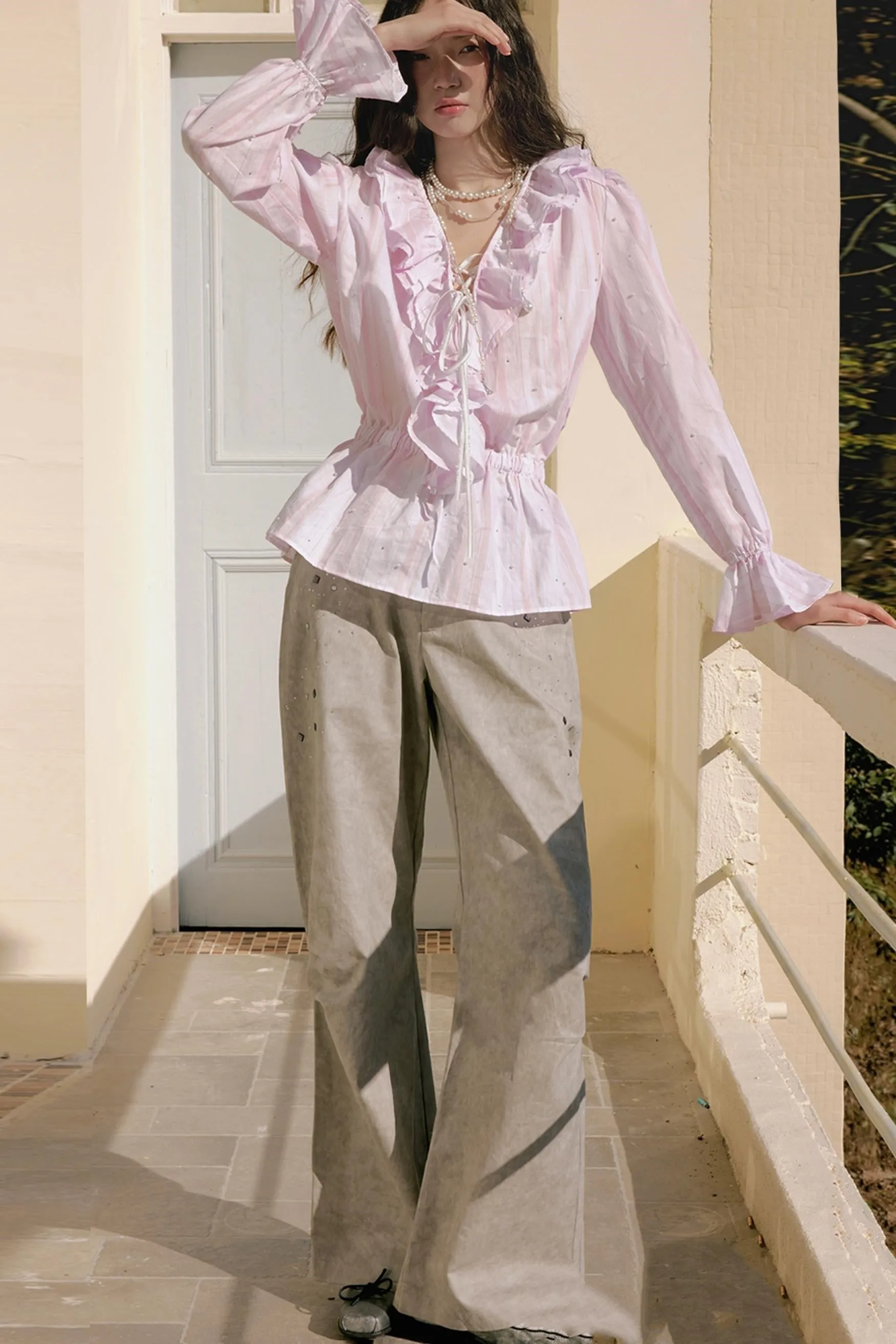 Pink Ruffle V-Neck Shirt