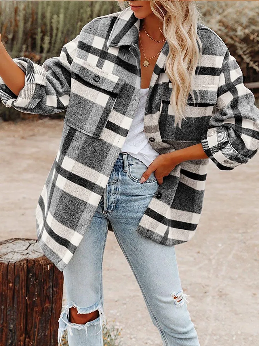 Plaid Button Long Sleeve Shacket