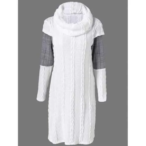 Plaid Cowl Neck Jumper Dress - White M