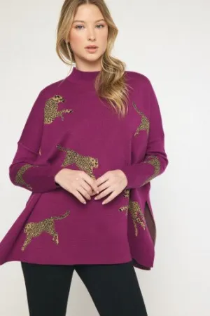 Plum Cheetah Mock Neck Sweater Pullover
