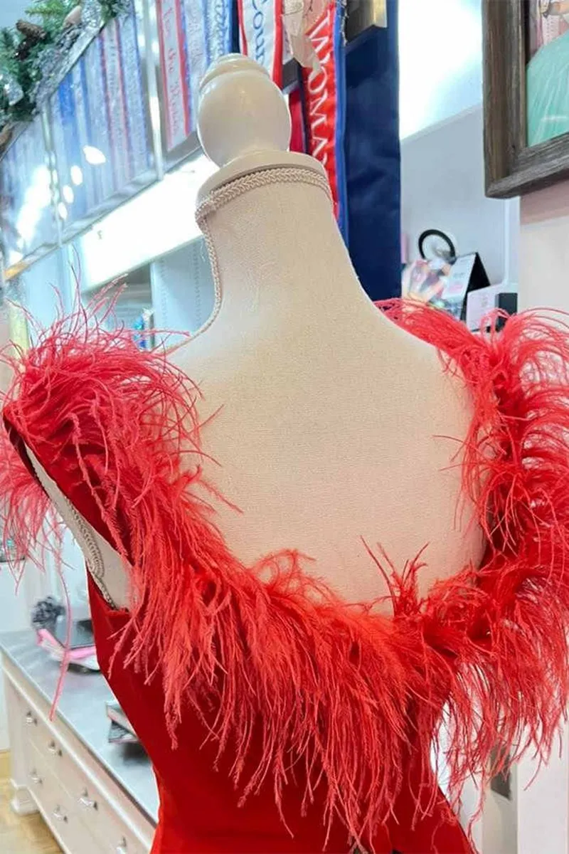 Plunging Neck Feather Long Formal Dresses with Slit