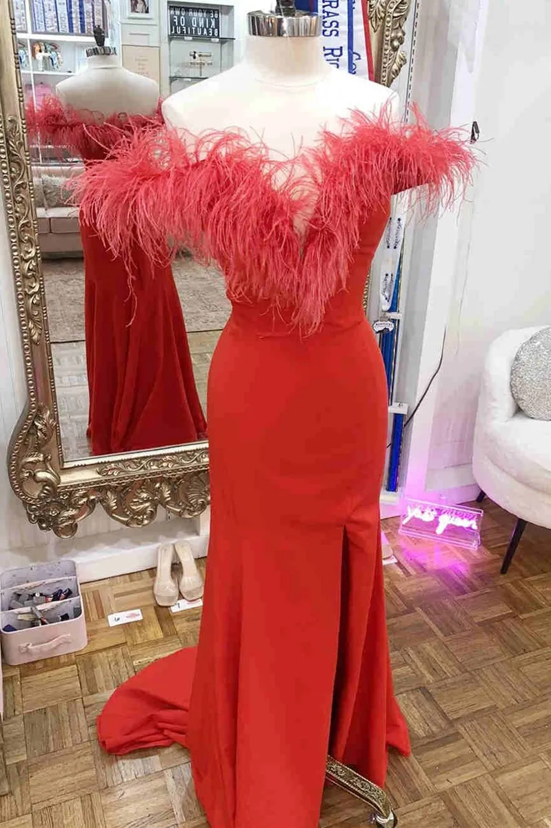 Plunging Neck Feather Long Formal Dresses with Slit