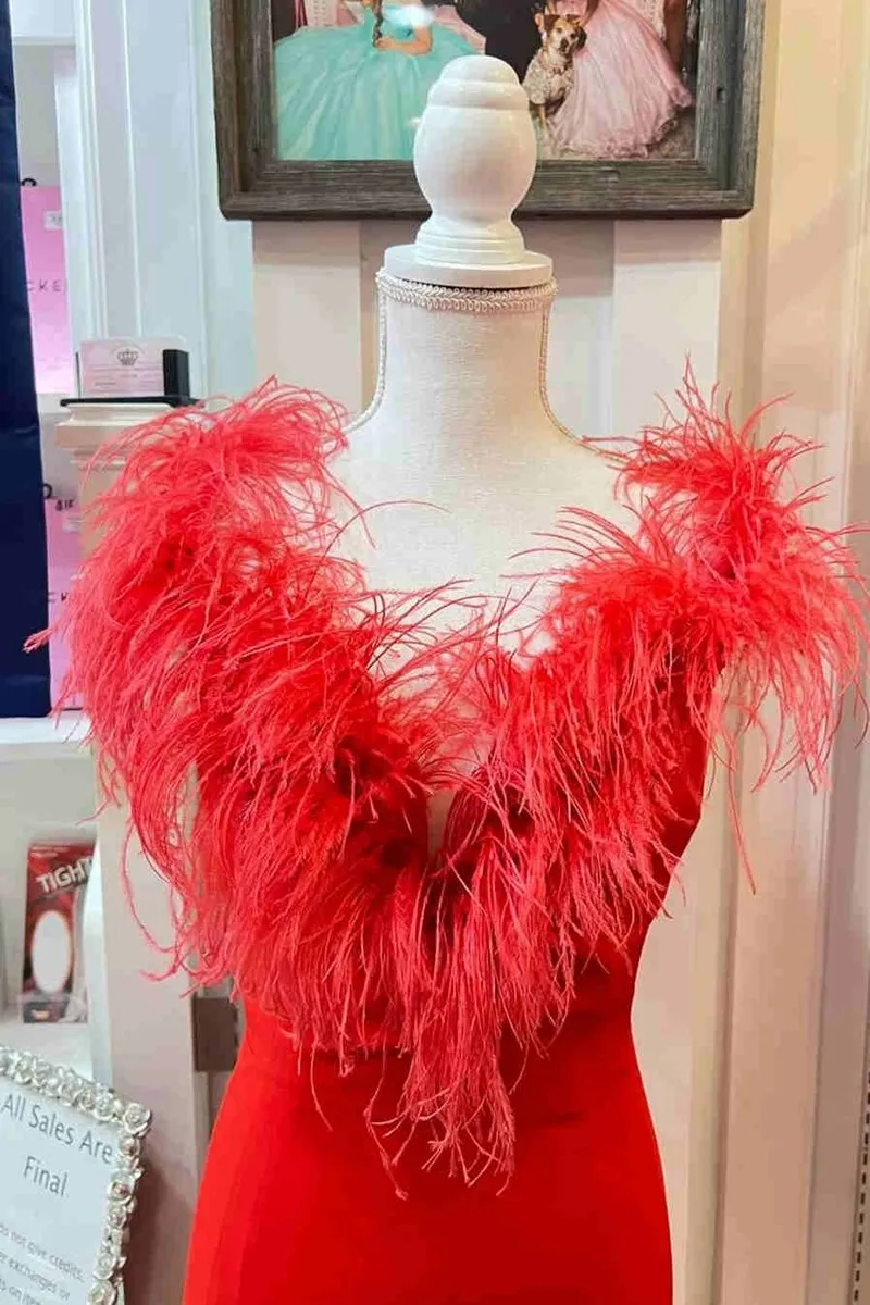 Plunging Neck Feather Long Formal Dresses with Slit