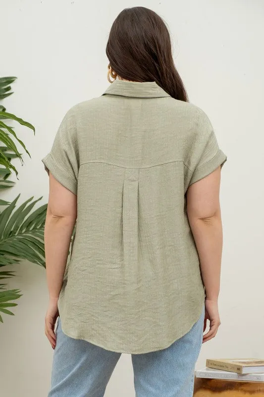 PLUS Collared Crinkle Cuff Sleeve Button