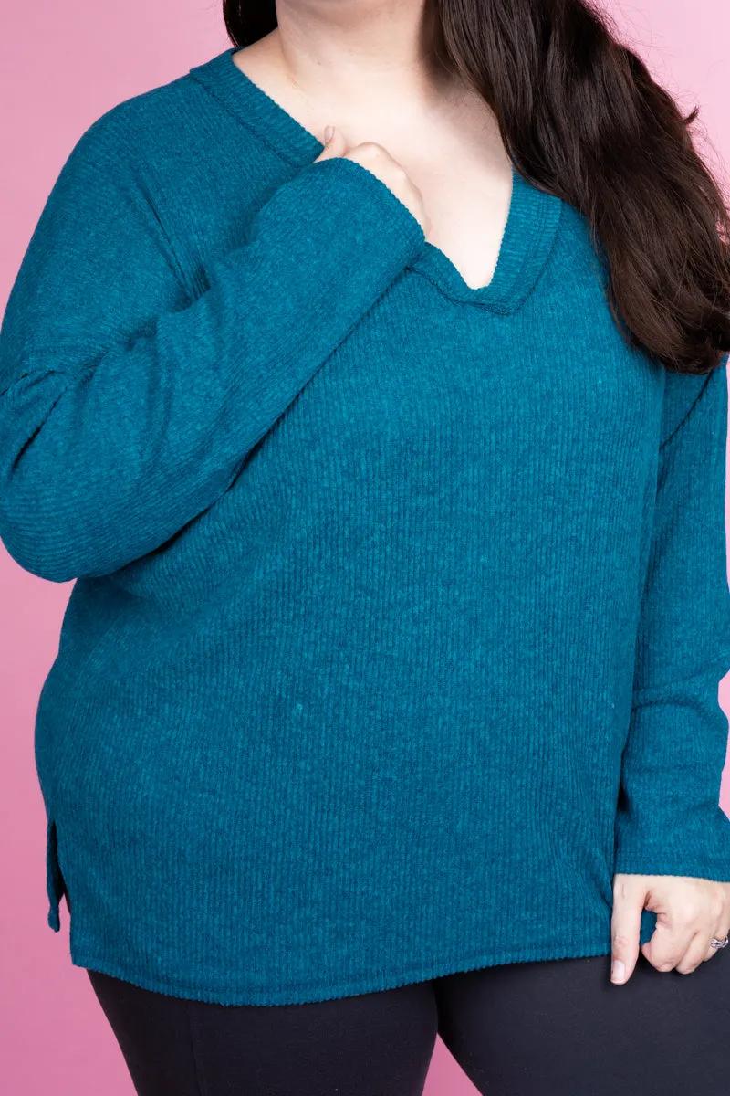 Plus Size Charmed Life Teal Ribbed V-Neck Sweater