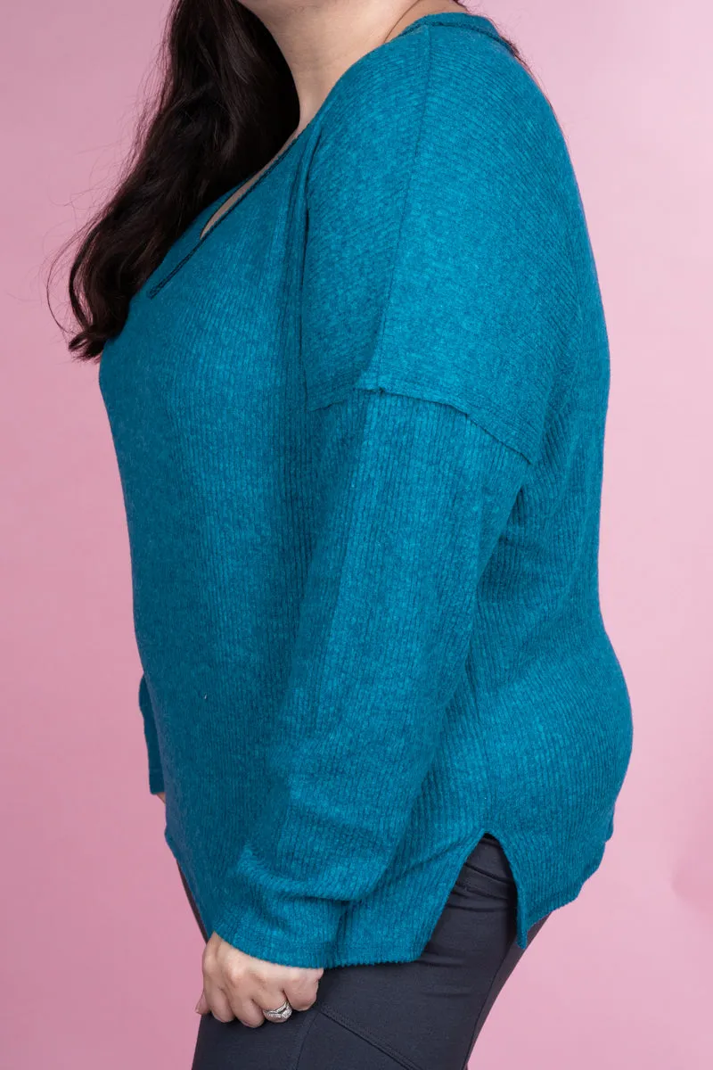 Plus Size Charmed Life Teal Ribbed V-Neck Sweater