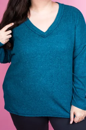 Plus Size Charmed Life Teal Ribbed V-Neck Sweater