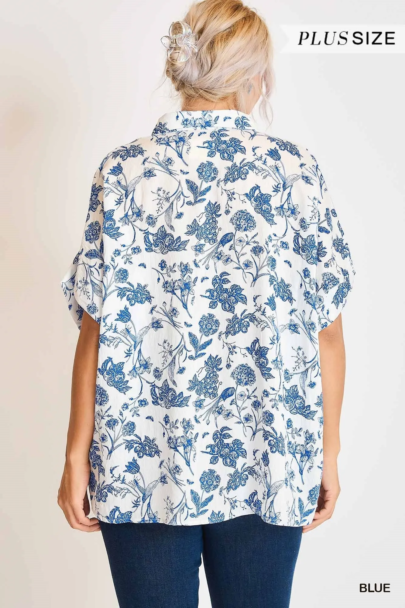 PLUS Two Tone Floral Print Button Down T