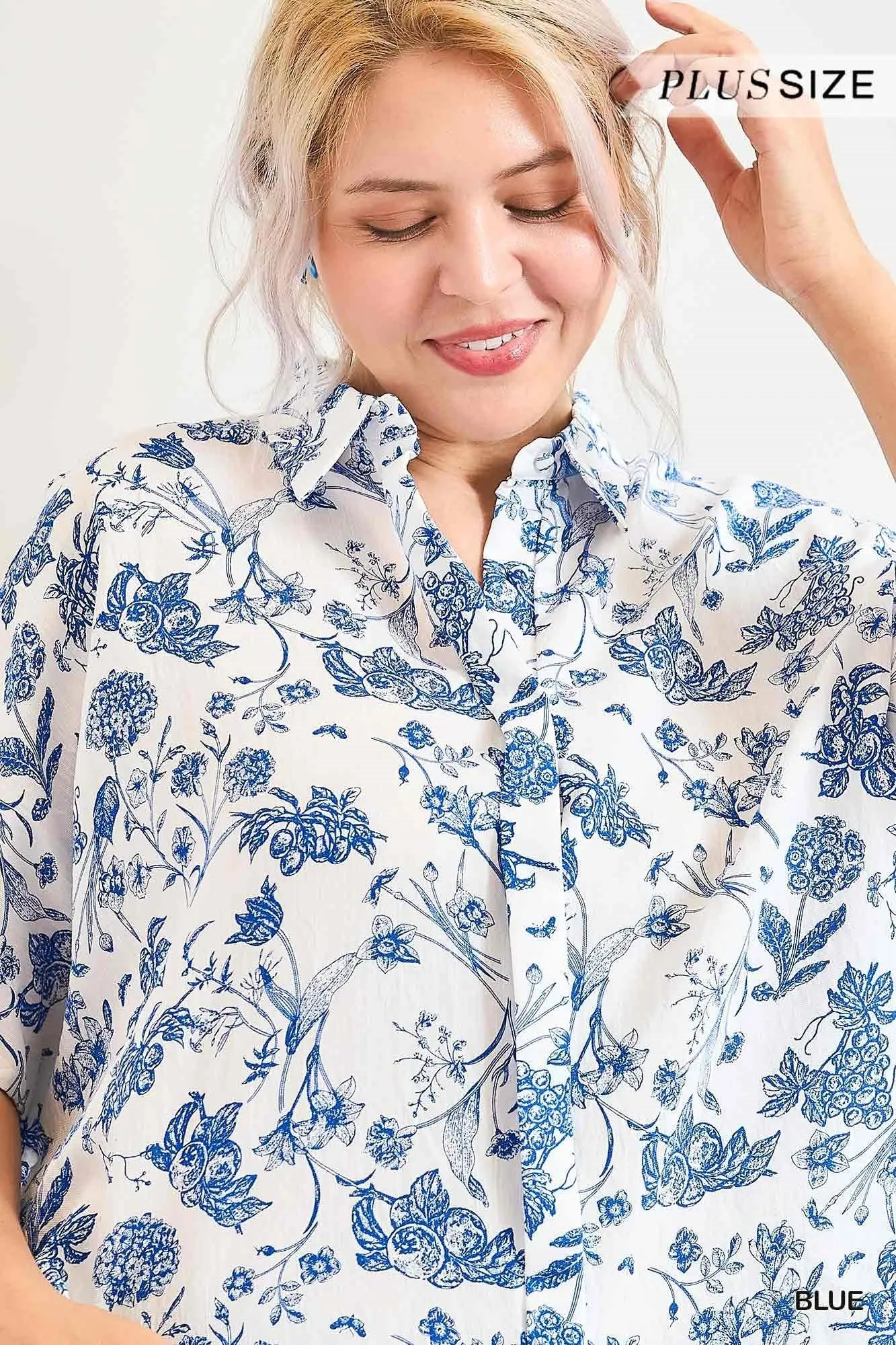 PLUS Two Tone Floral Print Button Down T