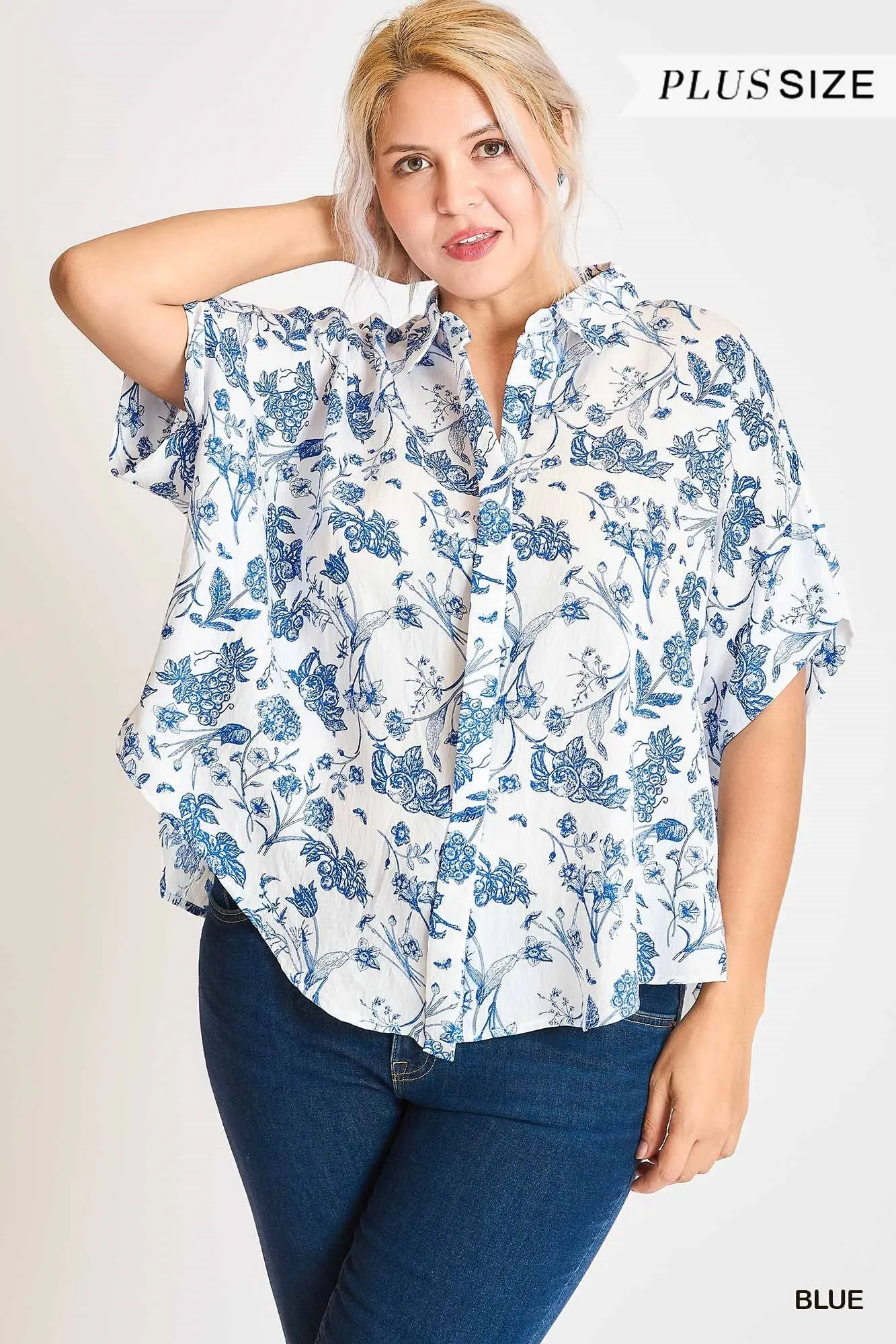 PLUS Two Tone Floral Print Button Down T