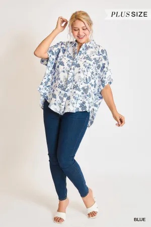 PLUS Two Tone Floral Print Button Down T