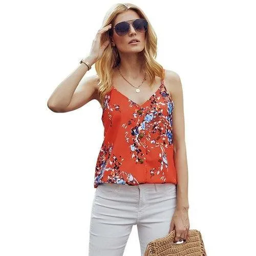 Print Button Down Tank Top Woman Casual Sexy V Neck Sleeveless Tops