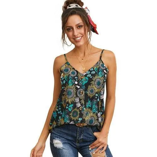 Print Button Down Tank Top Woman Casual Sexy V Neck Sleeveless Tops