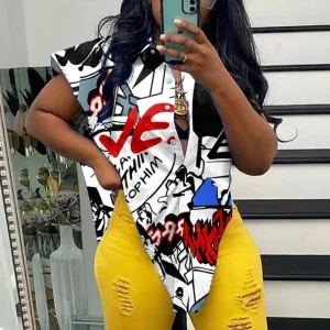 Print Sleeveless Button Detailed Irregular Top