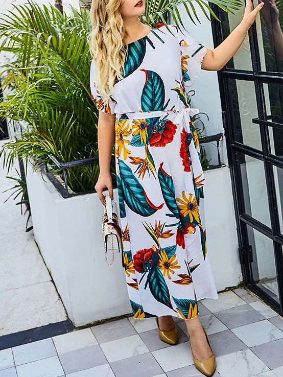 Printed Lace Waist Dress Simple Wild Flower Large Size Dress