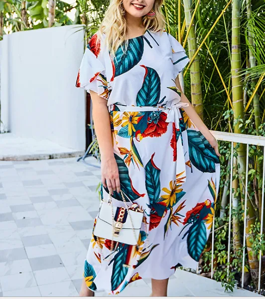 Printed Lace Waist Dress Simple Wild Flower Large Size Dress