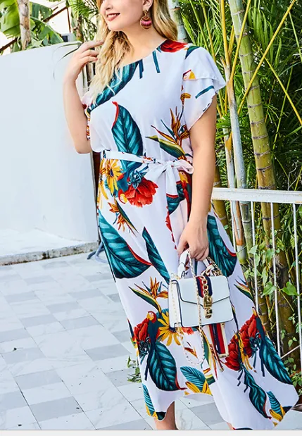 Printed Lace Waist Dress Simple Wild Flower Large Size Dress