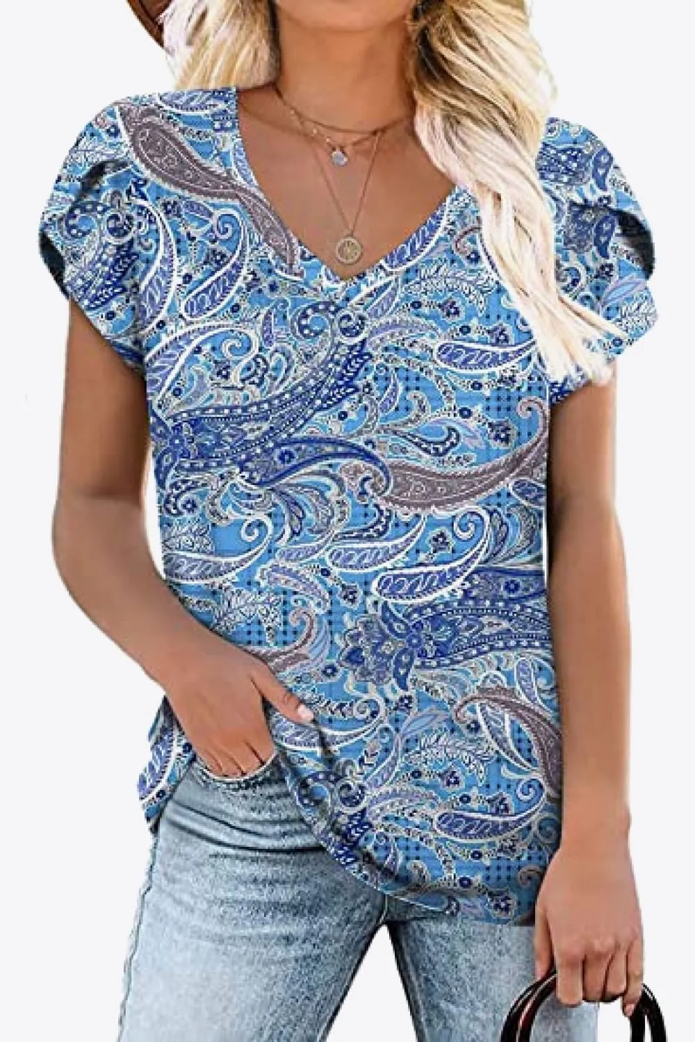 Printed Petal Sleeve V-Neck Blouse (12 Color Styles)