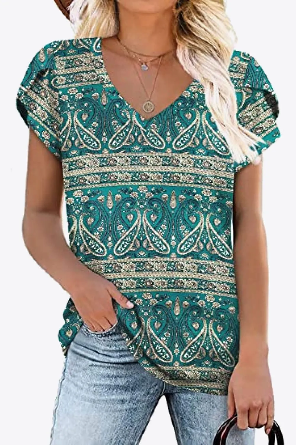 Printed Petal Sleeve V-Neck Blouse (12 Color Styles)