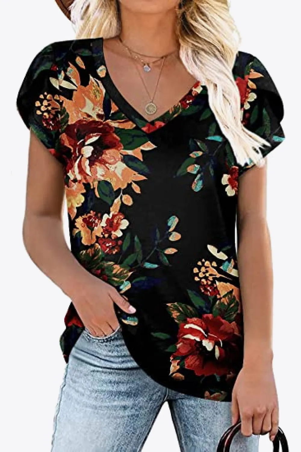 Printed Petal Sleeve V-Neck Blouse (12 Color Styles)