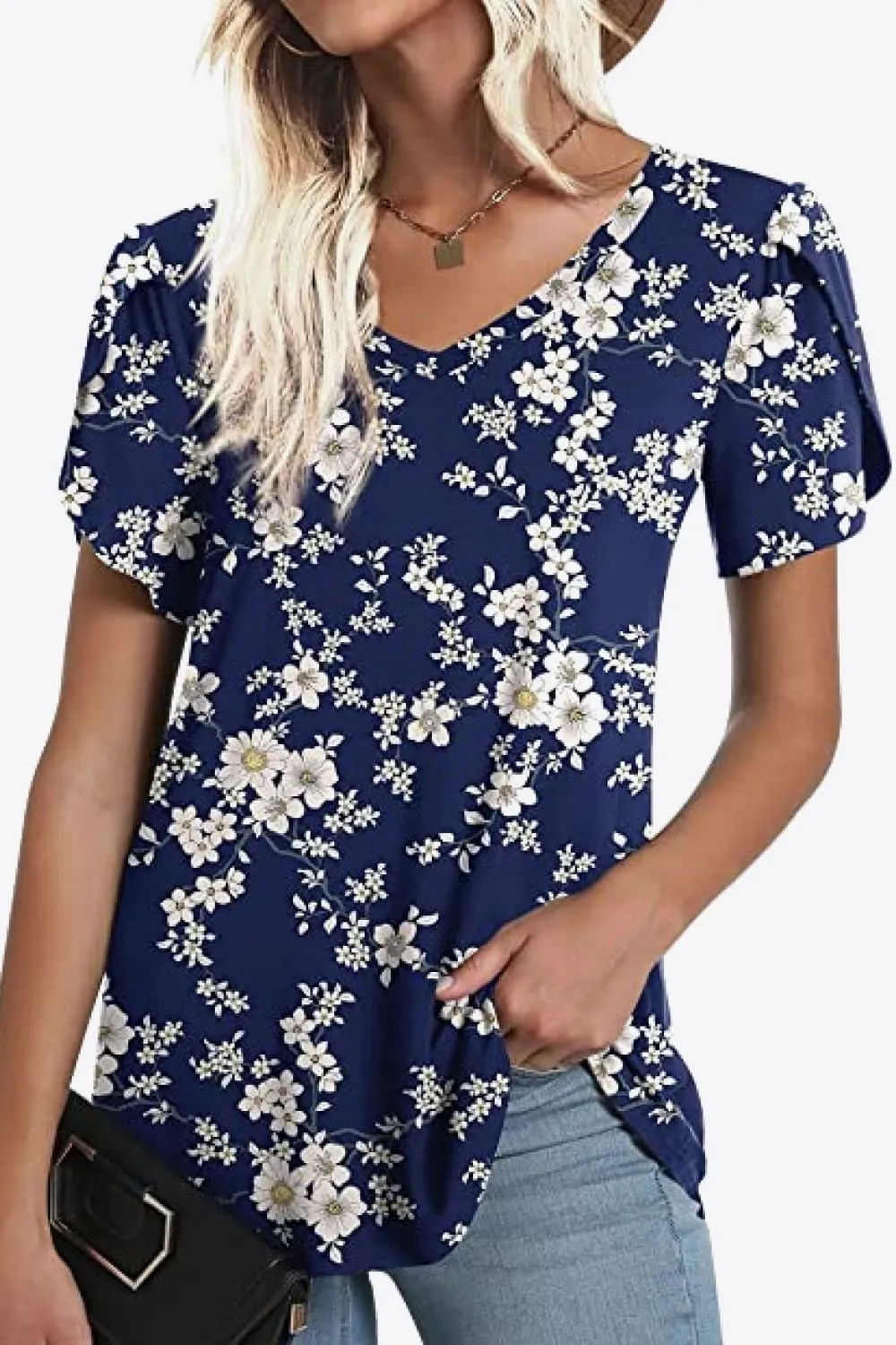 Printed Petal Sleeve V-Neck Blouse (12 Color Styles)