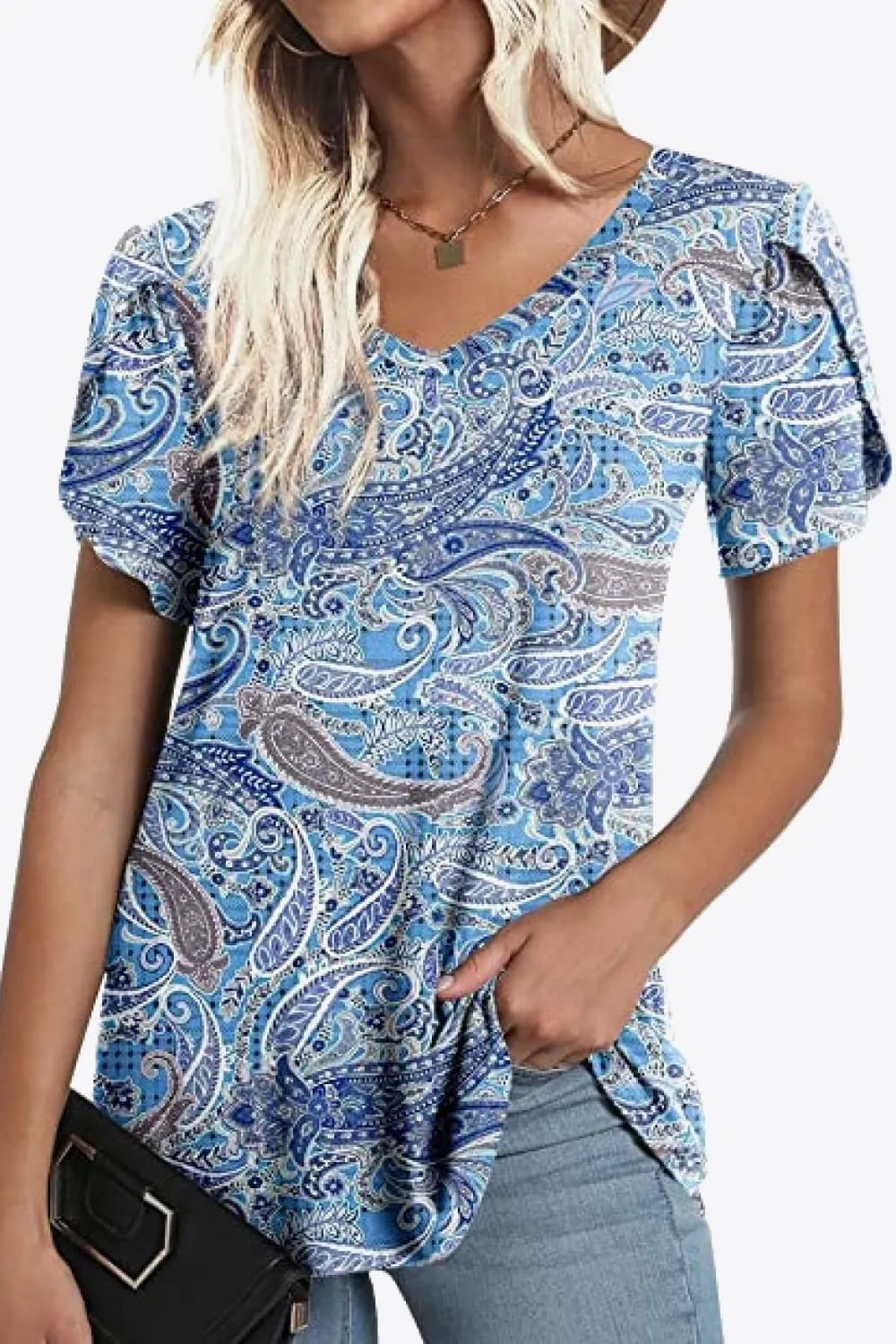 Printed Petal Sleeve V-Neck Blouse (12 Color Styles)