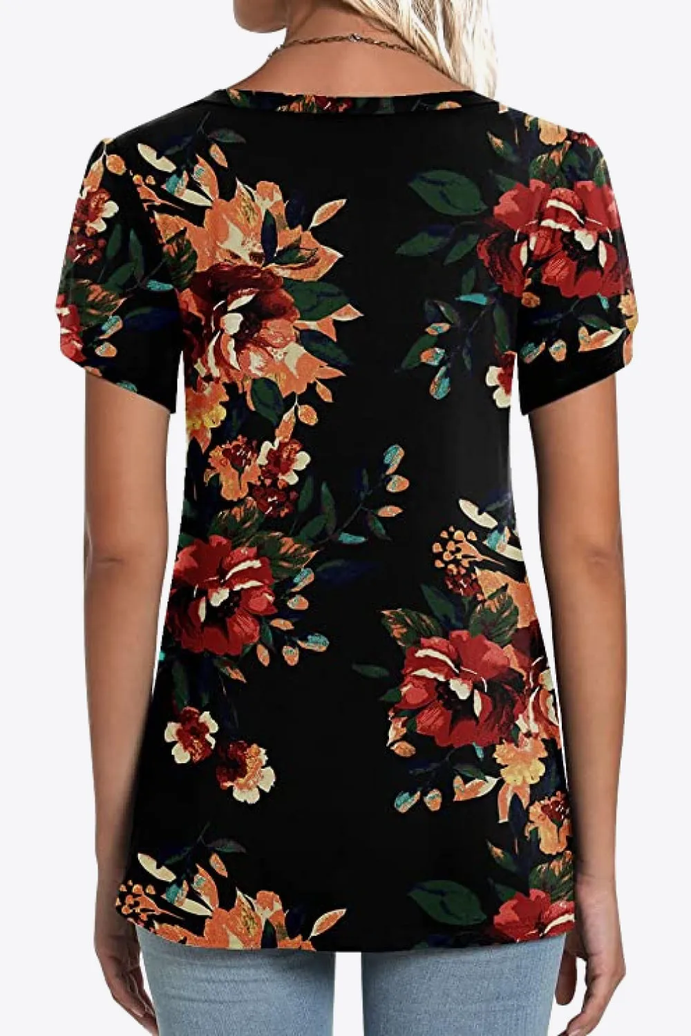 Printed Petal Sleeve V-Neck Blouse (12 Color Styles)