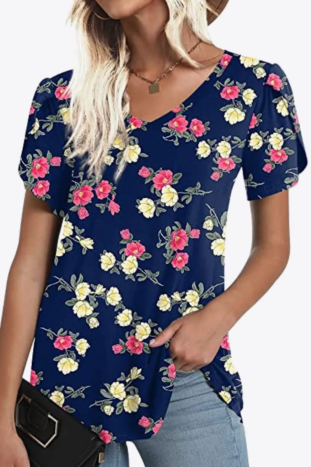 Printed Petal Sleeve V-Neck Blouse (12 Color Styles)