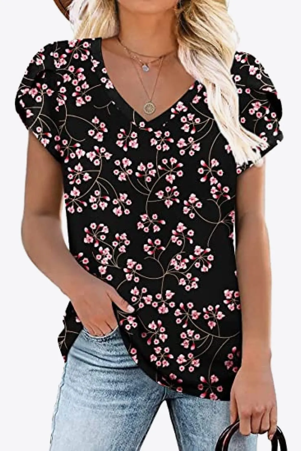 Printed Petal Sleeve V-Neck Blouse (12 Color Styles)