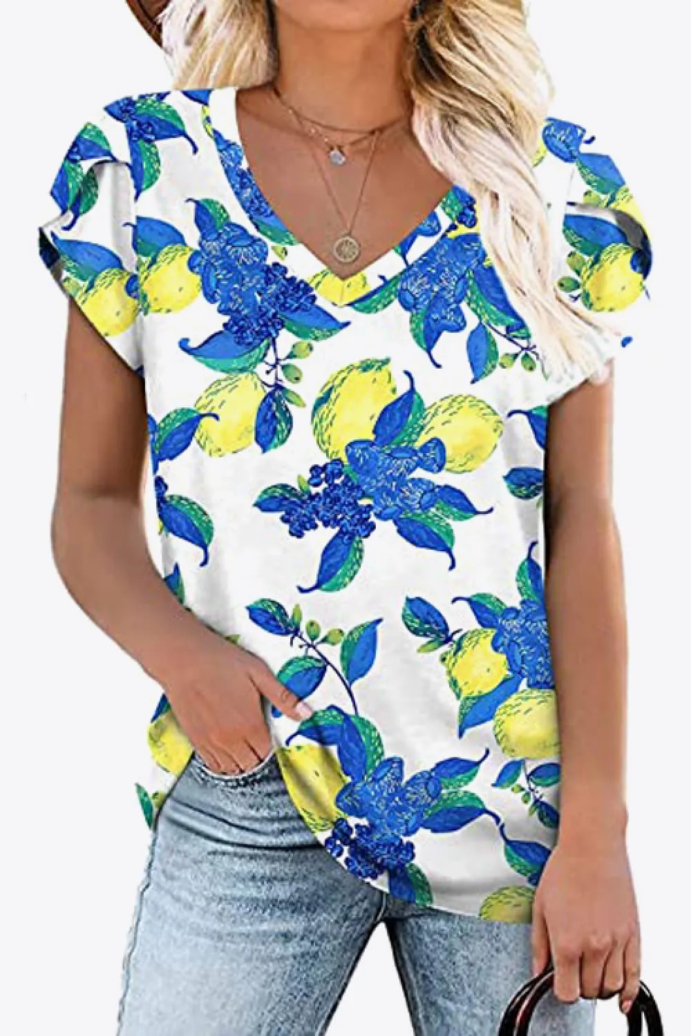 Printed Petal Sleeve V-Neck Blouse (12 Color Styles)