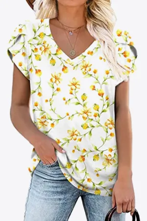 Printed Petal Sleeve V-Neck Blouse (12 Color Styles)