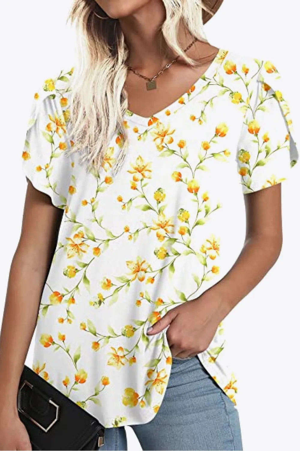 Printed Petal Sleeve V-Neck Blouse (12 Color Styles)