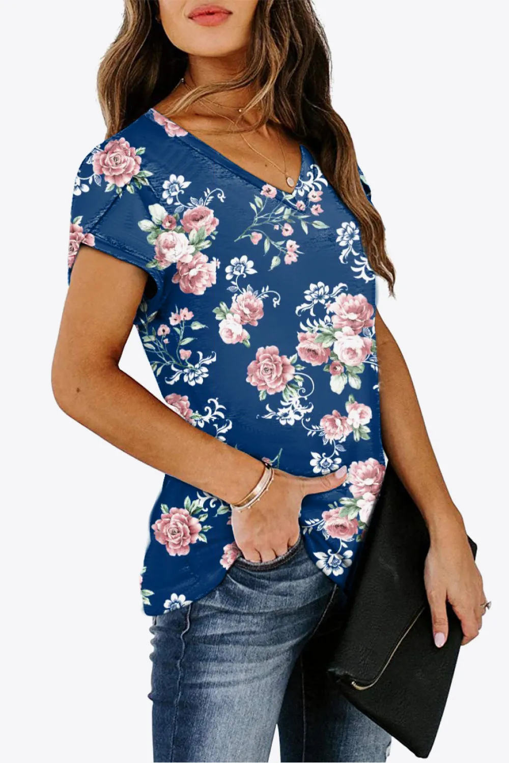 Printed Petal Sleeve V-Neck Blouse (12 Color Styles)