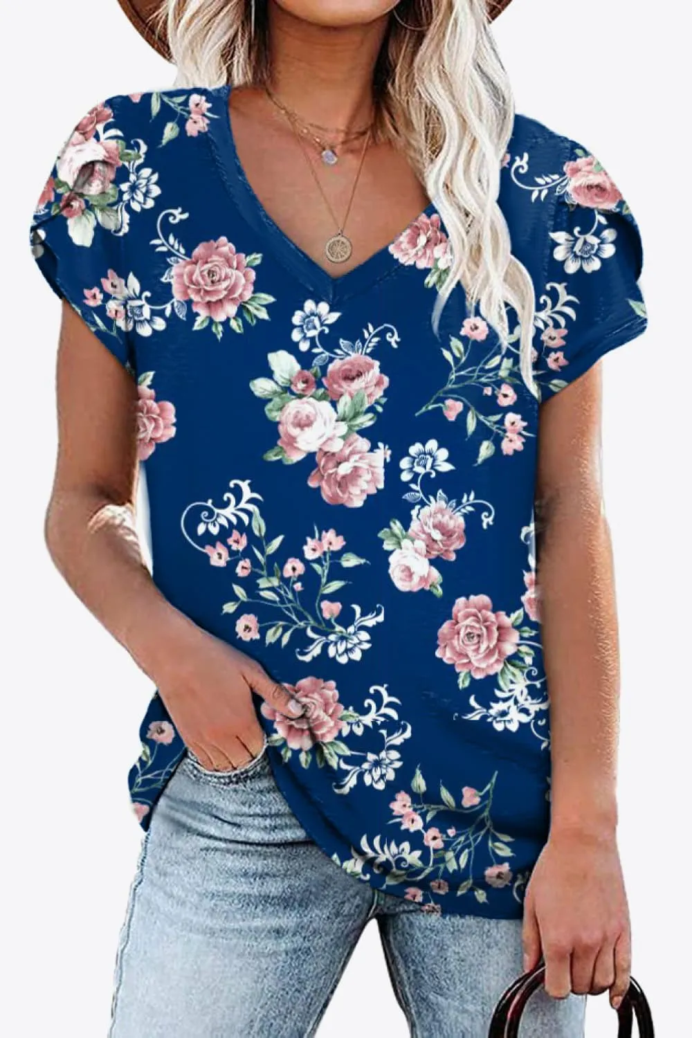 Printed Petal Sleeve V-Neck Blouse (12 Color Styles)
