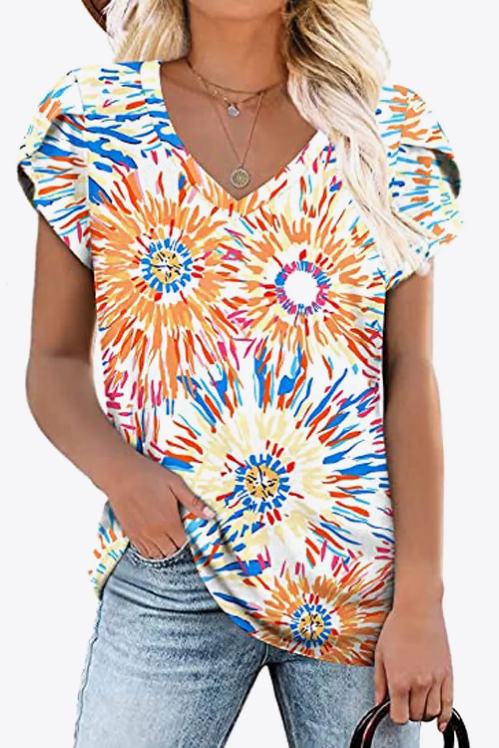 Printed Petal Sleeve V-Neck Blouse (12 Color Styles)