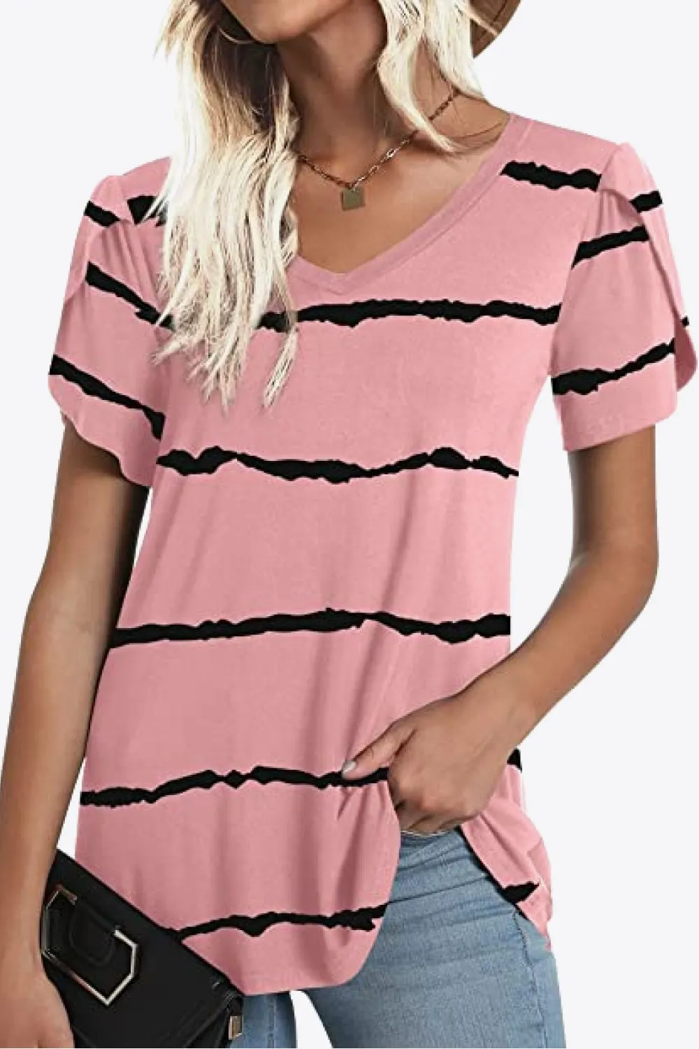 Printed Petal Sleeve V-Neck Blouse (12 Color Styles)