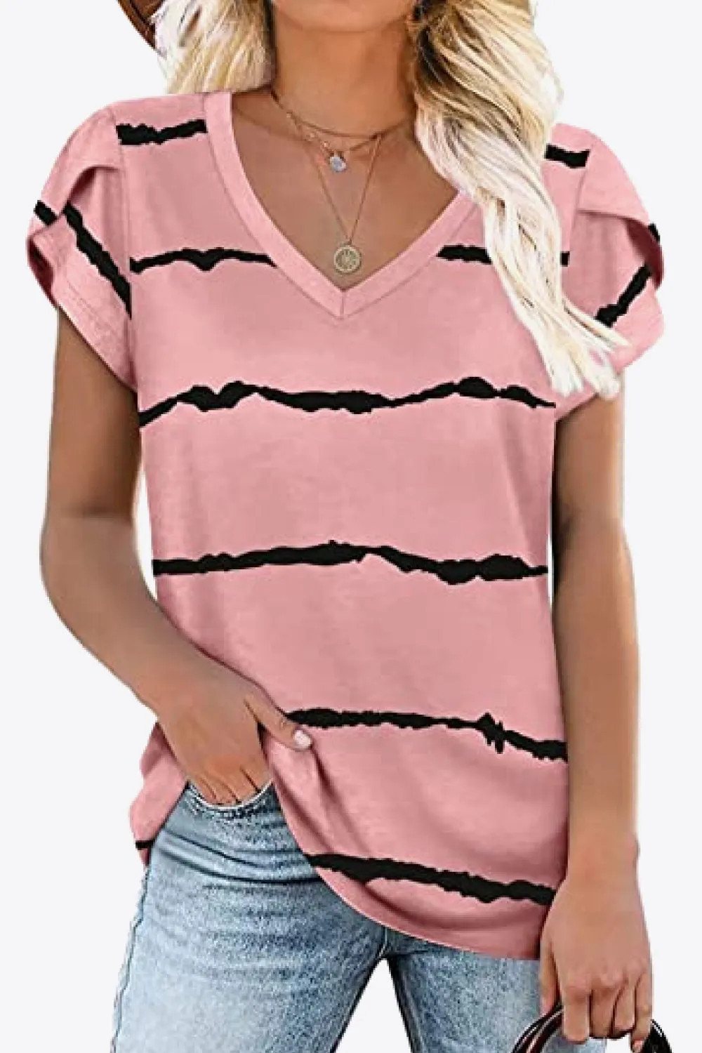 Printed Petal Sleeve V-Neck Blouse (12 Color Styles)