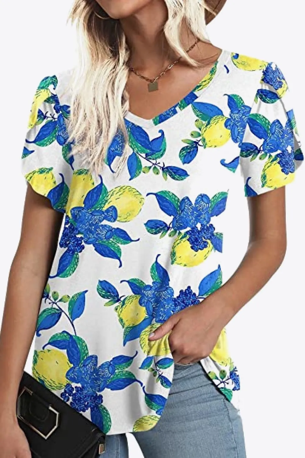 Printed Petal Sleeve V-Neck Blouse (12 Color Styles)