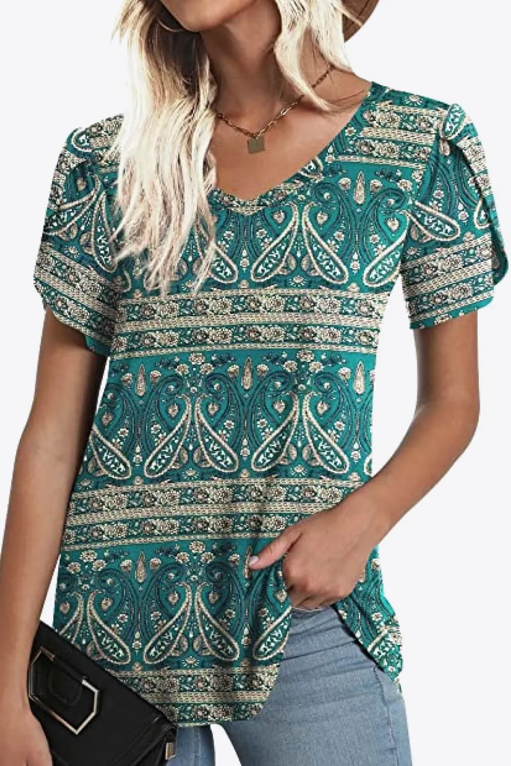 Printed Petal Sleeve V-Neck Blouse (12 Color Styles)
