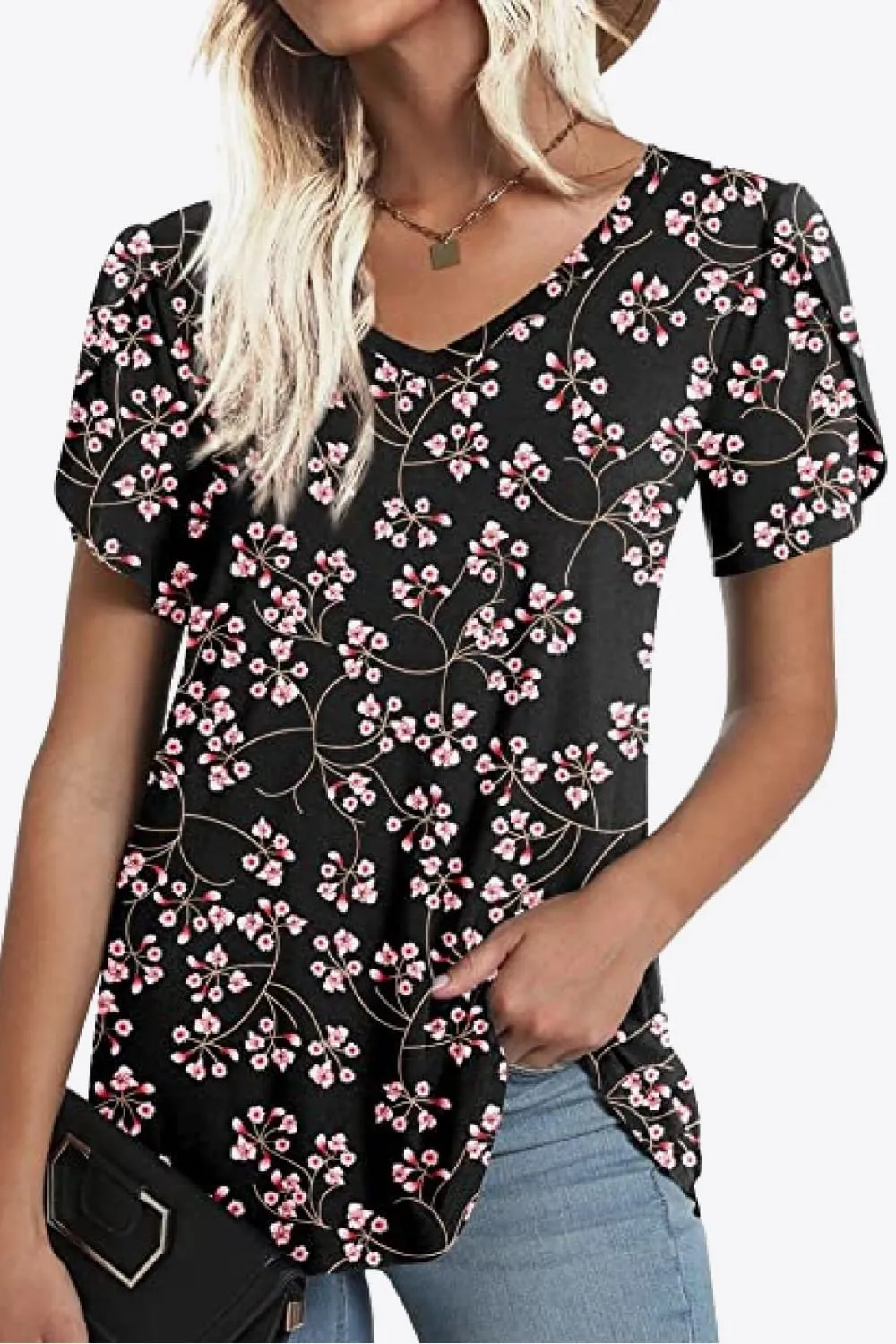 Printed Petal Sleeve V-Neck Blouse (12 Color Styles)