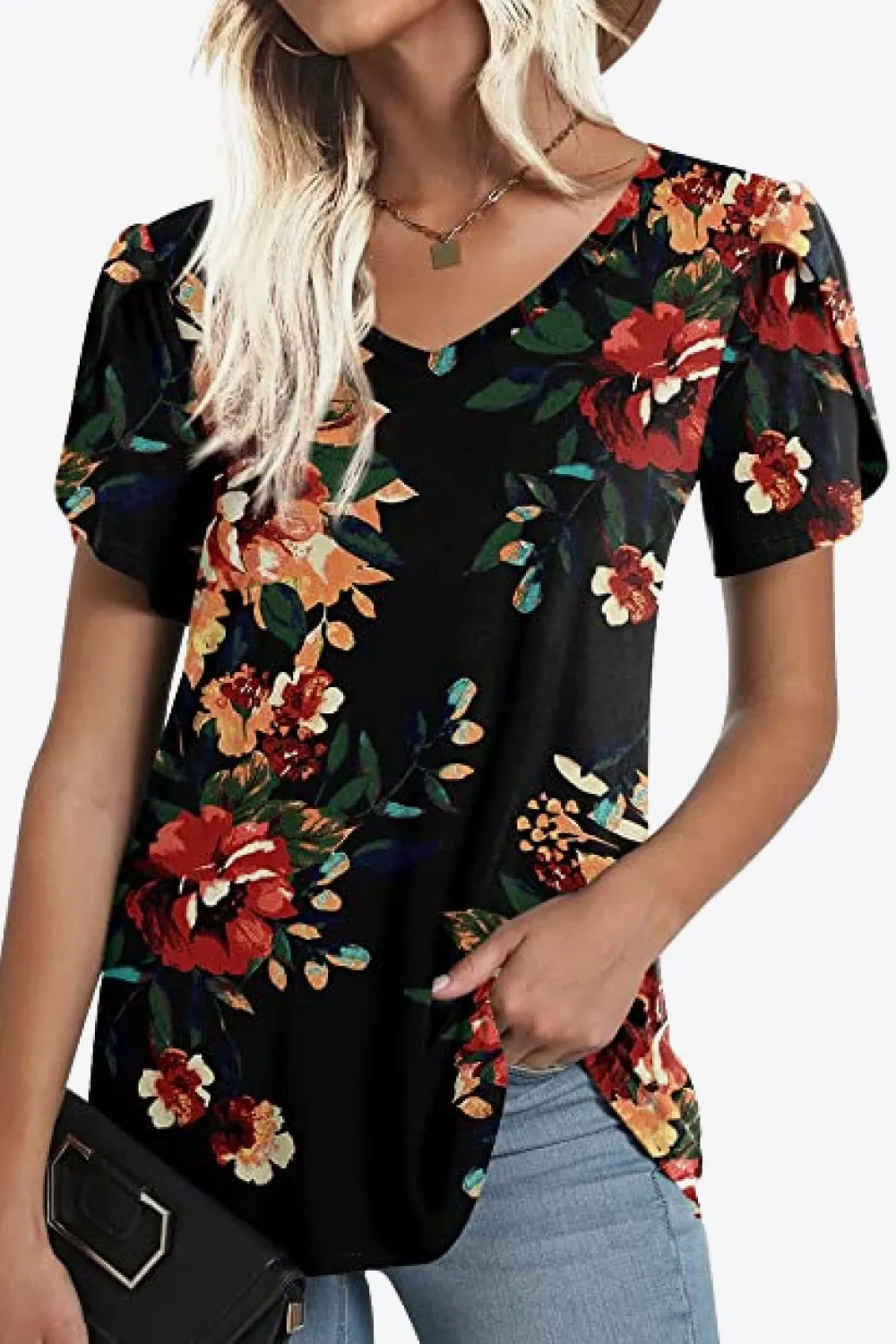 Printed Petal Sleeve V-Neck Blouse (12 Color Styles)