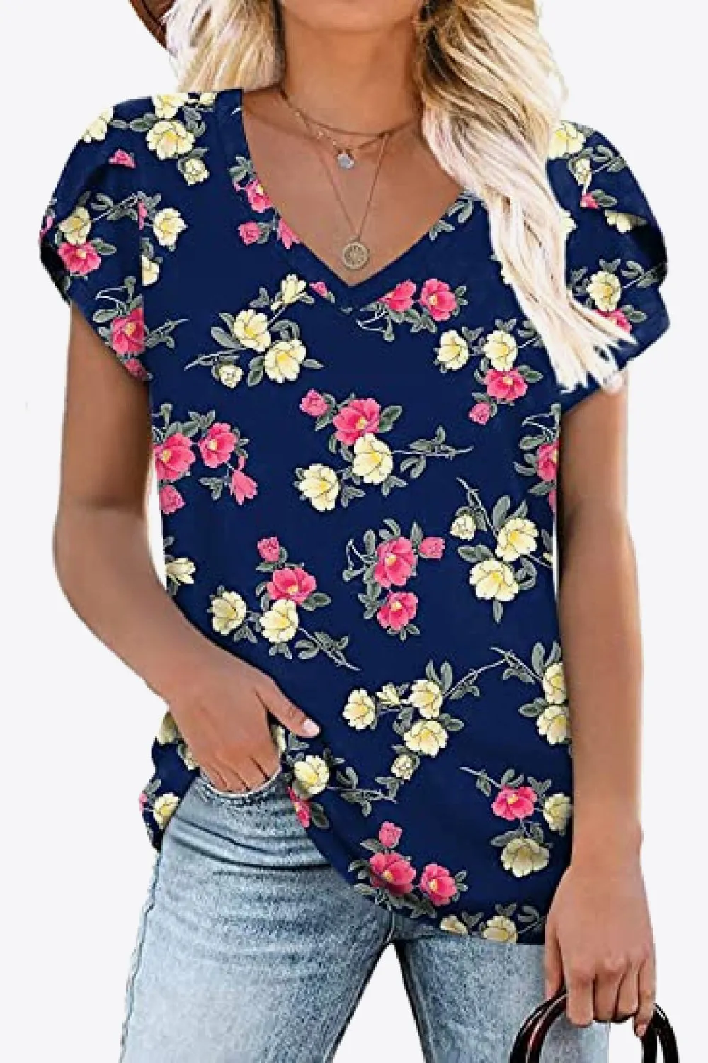 Printed Petal Sleeve V-Neck Blouse (12 Color Styles)