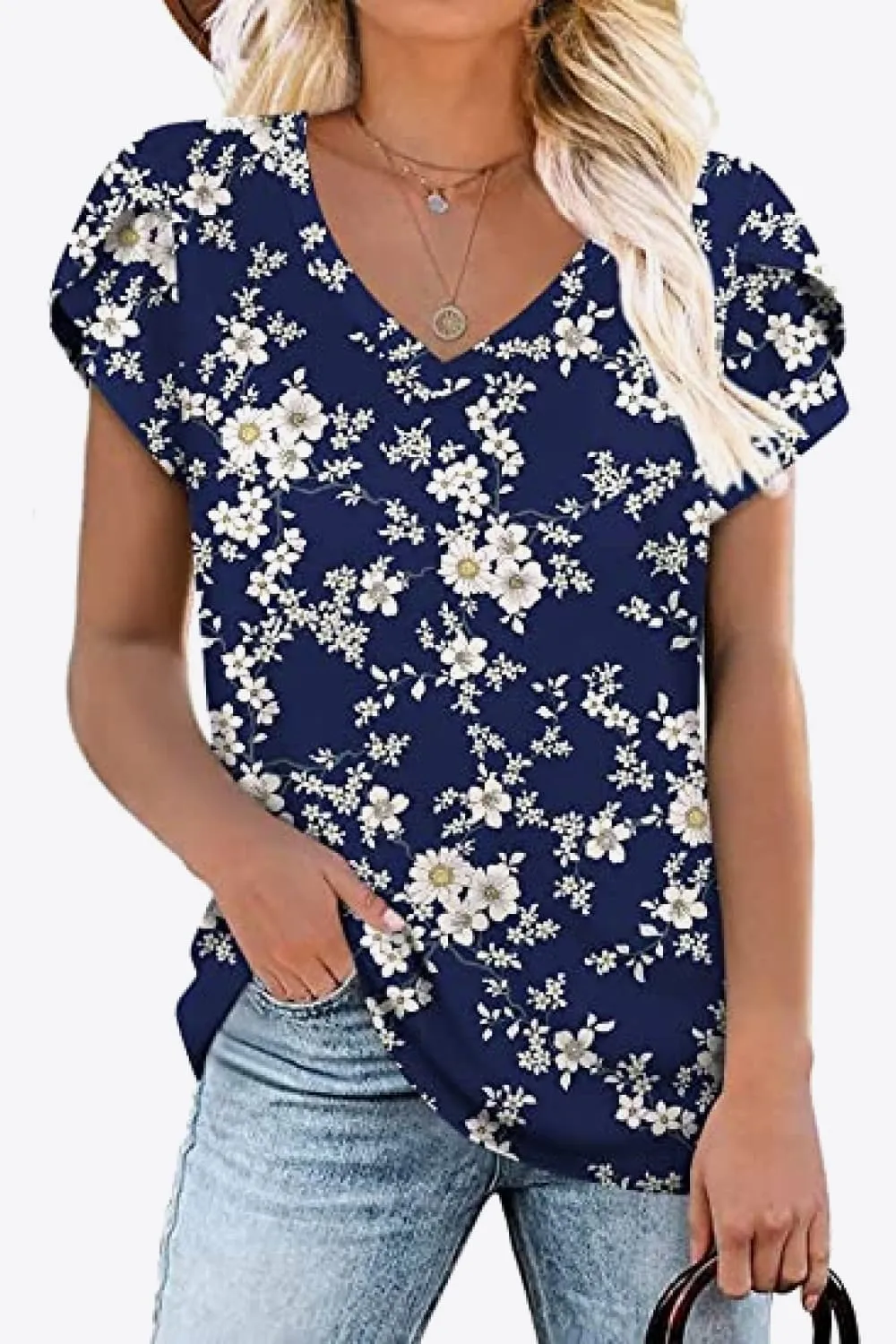 Printed Petal Sleeve V-Neck Blouse (12 Color Styles)
